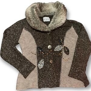 Keren Hart coffee Color cardigan sweater, faux fur collar. Large